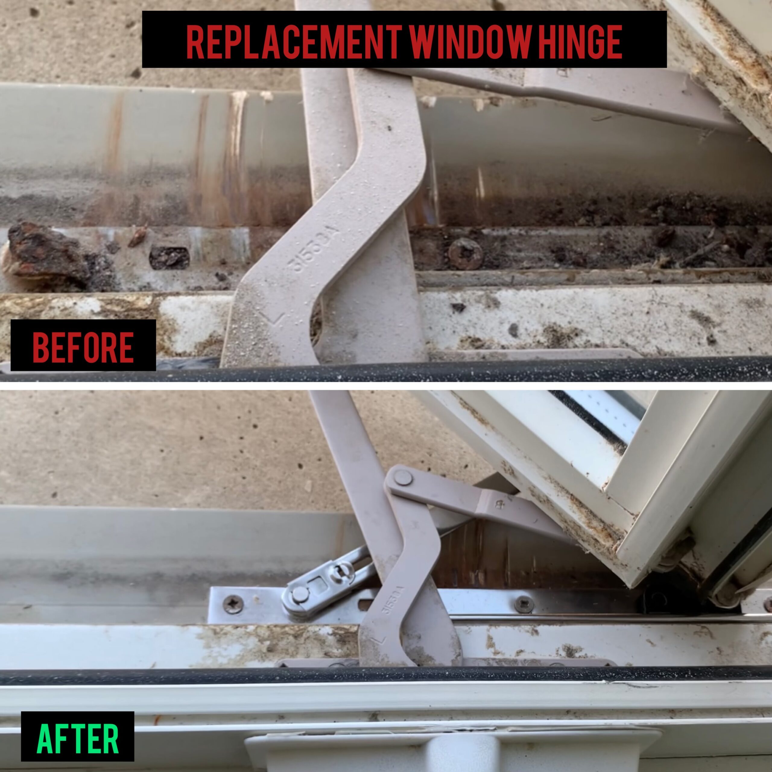 damaged and replacement window hinge