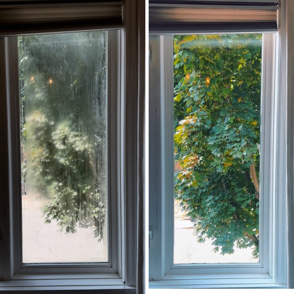A before and after picture of the outside of a window.