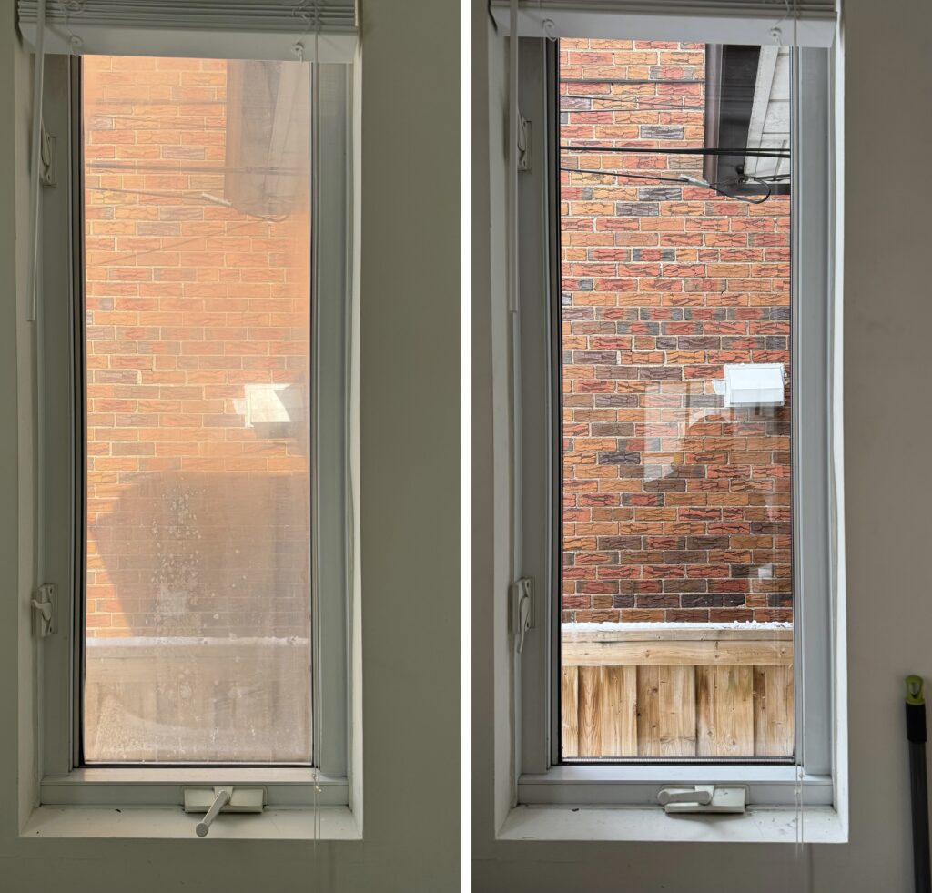 A before and after picture of the inside of a window.