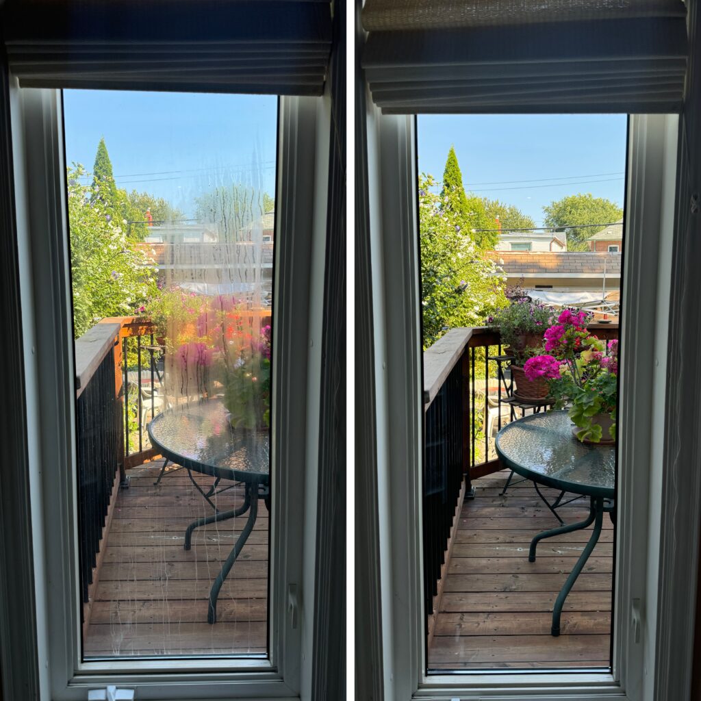 A double image of an open window with flowers outside.