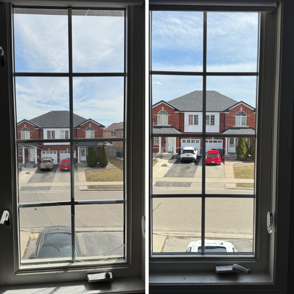 A window with two different views of the same house.