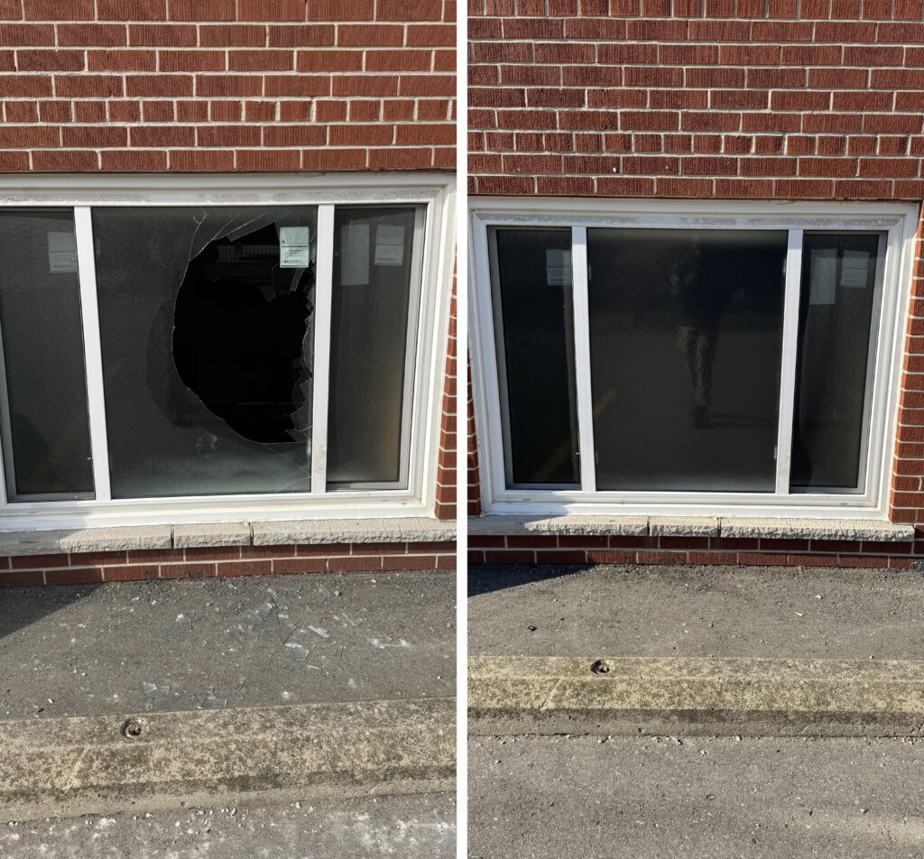 A before and after picture of the window in front of a brick building.