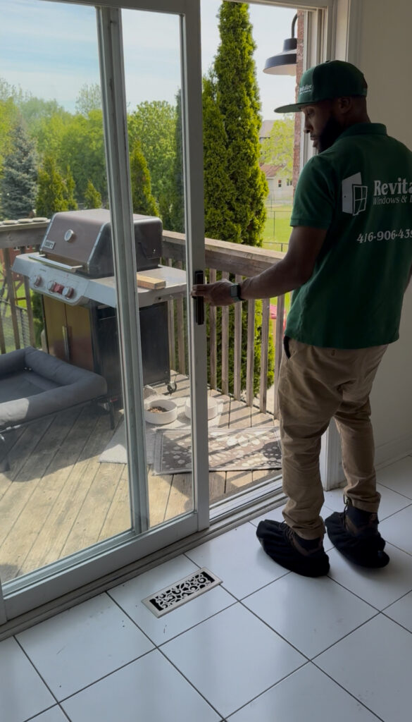 Door technician testing patio door after roller replacement in Toronto