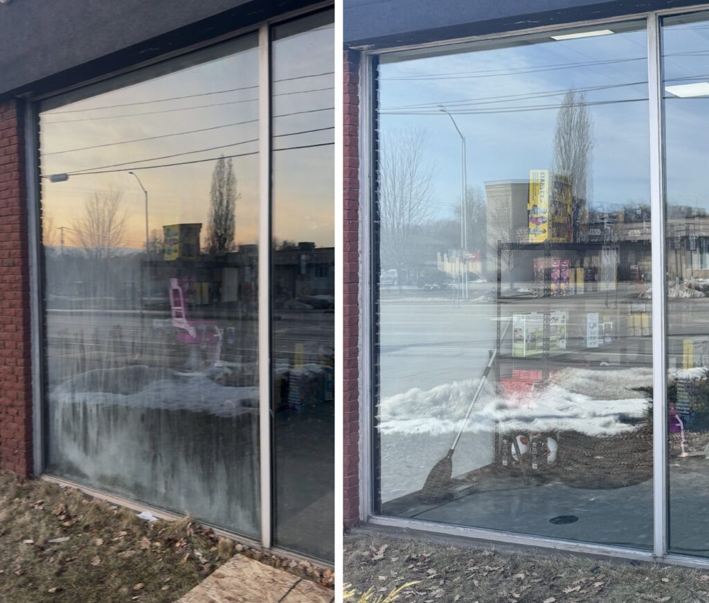photo of a before and after foggy storefront glass unit replaced with a new one.