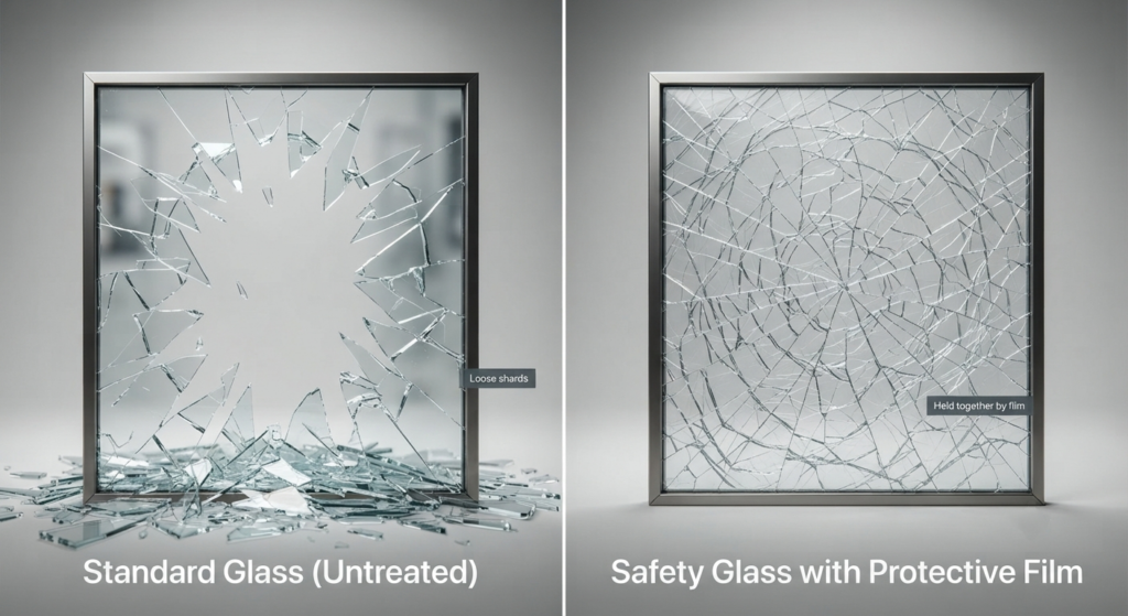 Comparison image showing standard glass shattering into loose shards versus film-protected glass that stays intact after impact.