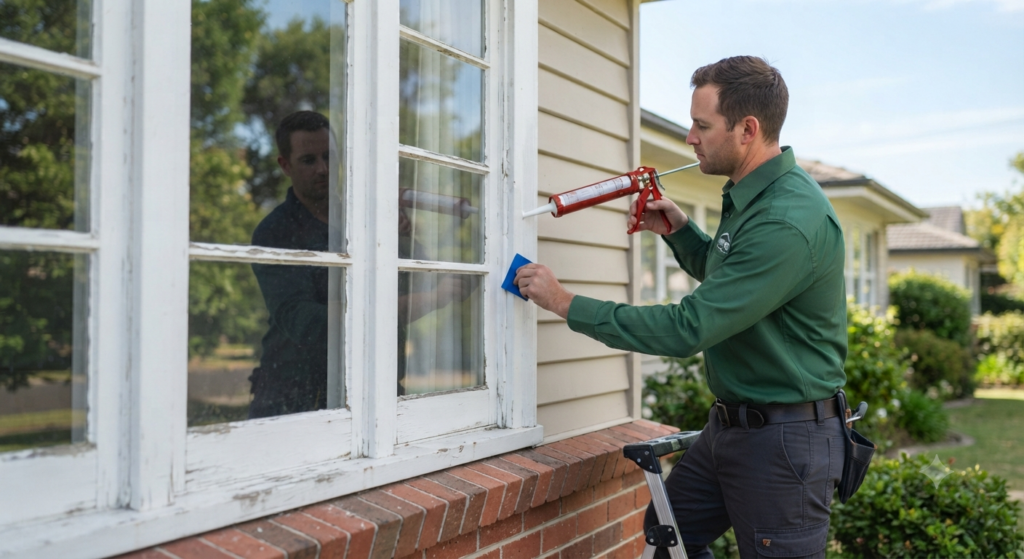 Revitalize Windows & Doors Inc technician professionally re-caulking a residential window exterior.