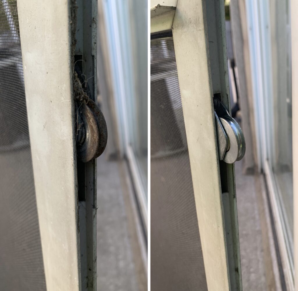 before and after of a sliding screen door roller.