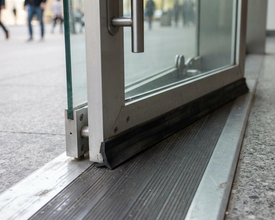 A rubber door sweep sealing the base of a commercial entrance door in Toronto.