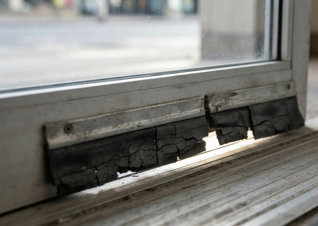 A worn, cracked commercial door sweep no longer sealing properly against the threshold.