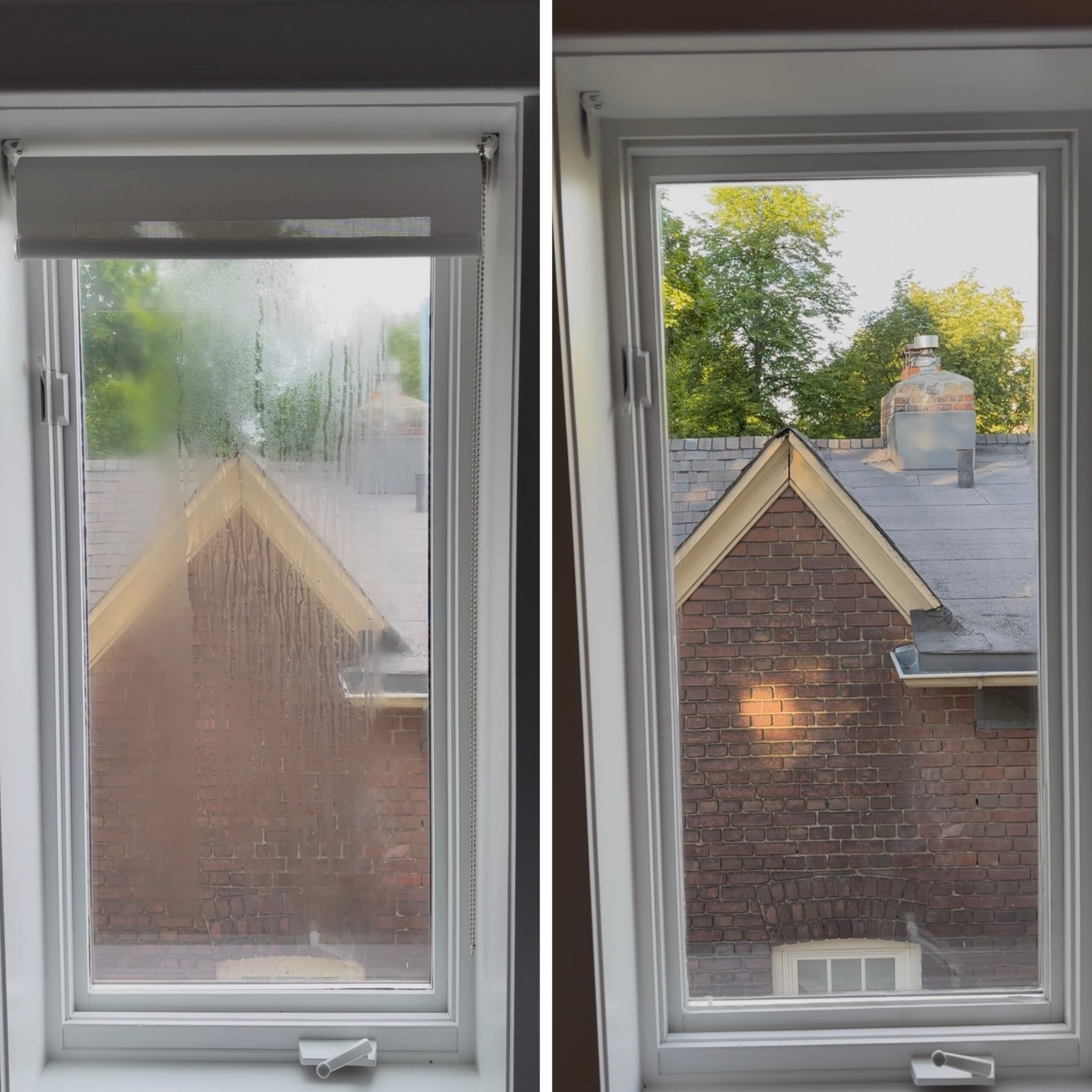 Before and after photos of a foggy window glass repair completed by Revitalize Windows & Doors in Toronto.